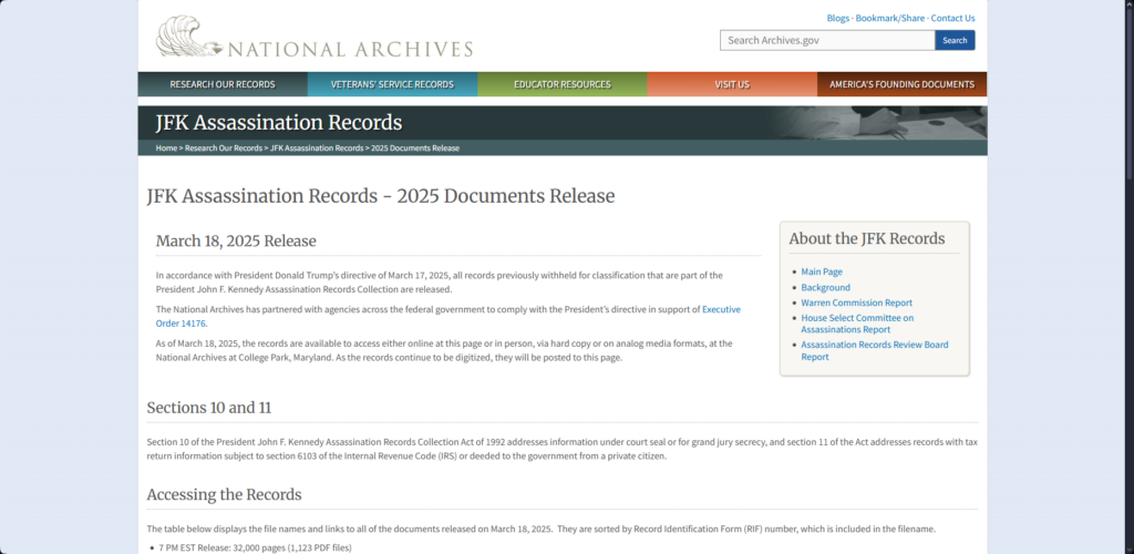 National Archives webpage showing JFK Records release