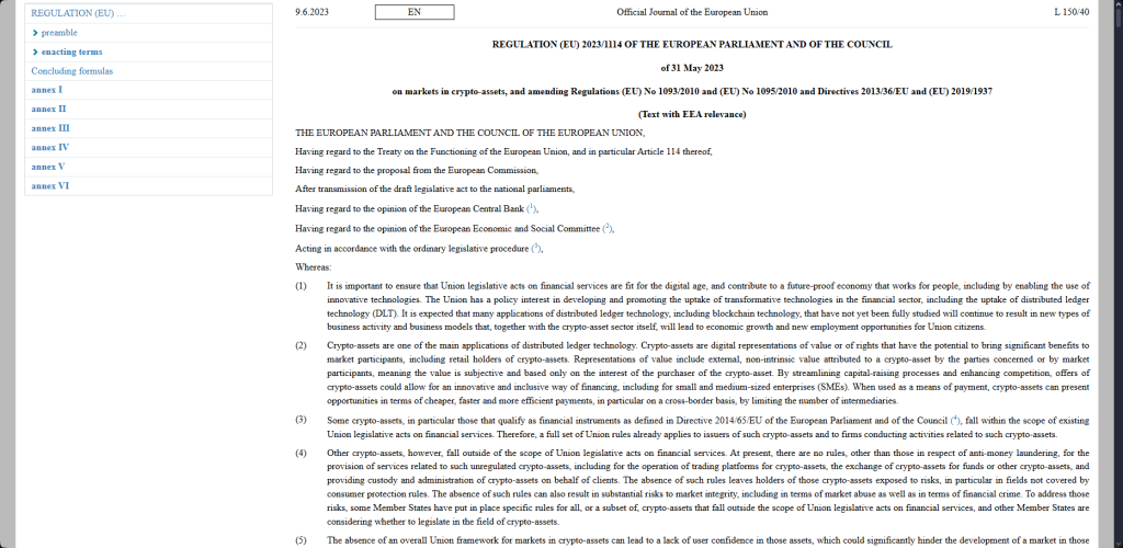 Official MiCA regulation document showing EU regulation 2023/1114 on markets in crypto-assets