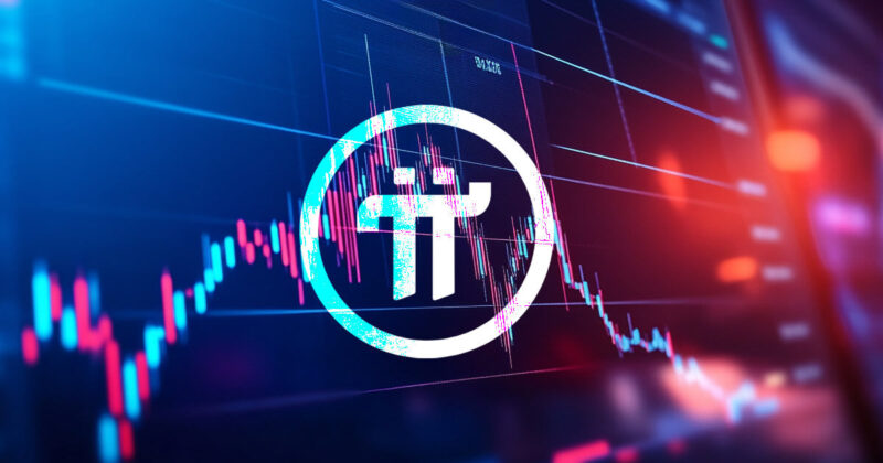 Pi Coin logo on price chart with downward trend