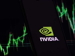 NVIDIA logo with stock market chart in green on dark background