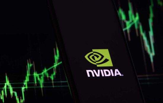 NVIDIA logo with stock market chart in green on dark background