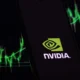 NVIDIA logo with stock market chart in green on dark background
