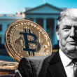 Trump portrait with Bitcoin and White House in background