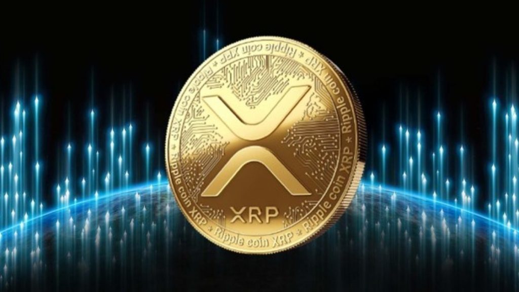 Golden XRP cryptocurrency coin displaying the distinctive 'X' symbol against a dark background with blue digital light effects, representing Ripple's digital asset