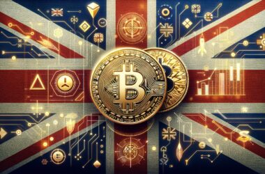 Bitcoin coin placed on UK flag with digital finance icons