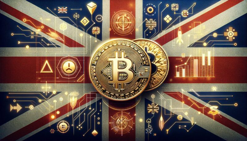 Bitcoin coin placed on UK flag with digital finance icons