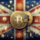 Bitcoin coin placed on UK flag with digital finance icons