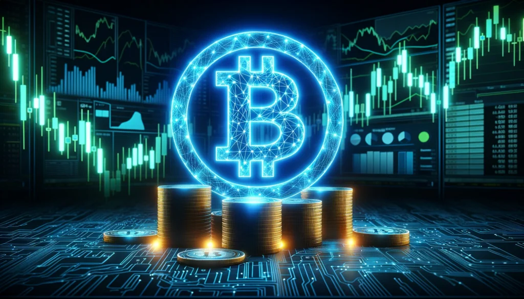 Bitcoin symbol surrounded by digital market charts and stacked coins