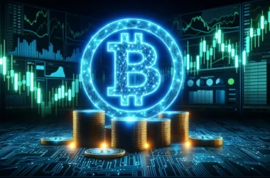 Bitcoin symbol surrounded by digital market charts and stacked coins