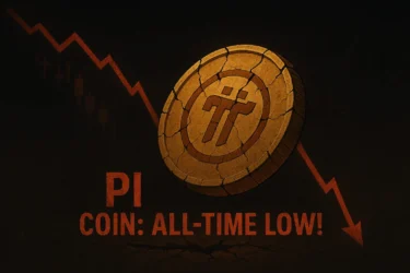 Cracked gold Pi Coin with downward red graph showing price crash