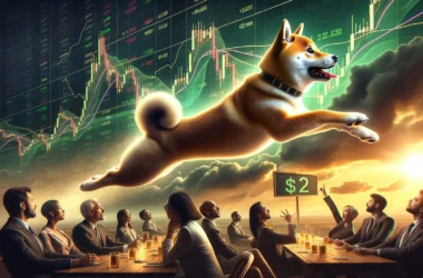 Dogecoin dog breaking through a price chart barrier, soaring upward with a $2 price target