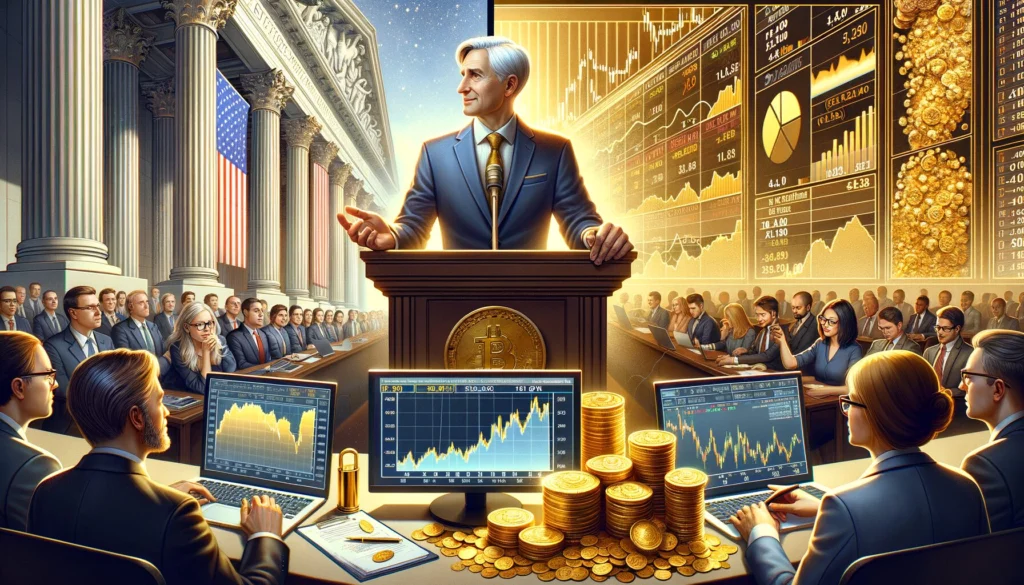 new tariffs at a podium with charts showing rising gold prices