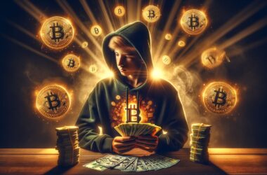 teenage boy in hoodie counting stacks of cash with Bitcoin logos