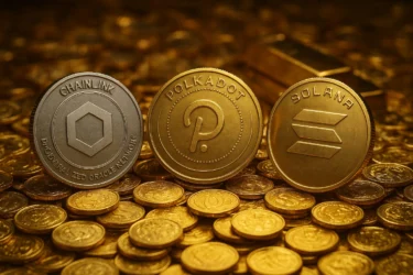 Chainlink Polkadot and Solana coins in a pool of money and gold