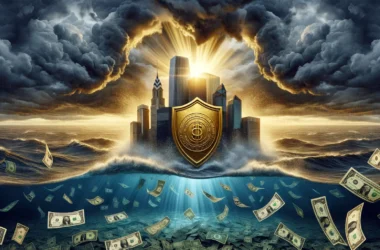 shield rising above a sinking dollar bill ocean