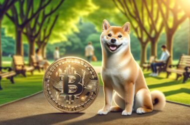 Shiba Inu dog sitting next to large Bitcoin coin in park