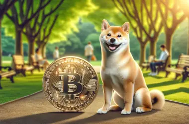 Shiba Inu dog sitting next to large Bitcoin coin in park