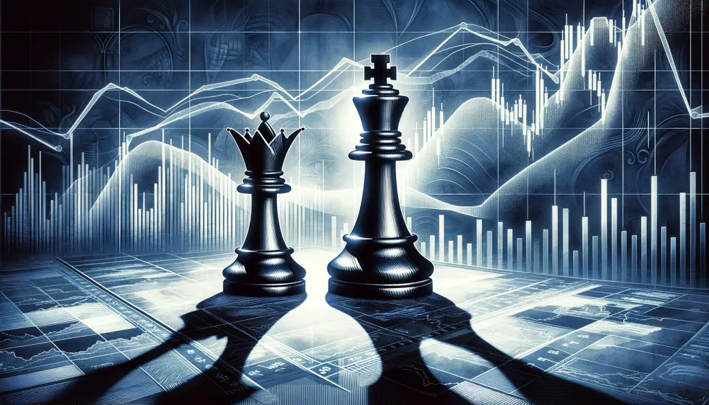 Two giant chess pieces (king and queen) representing financial institutions on a market graph background