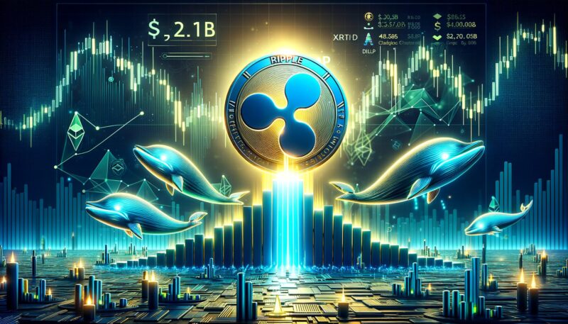 XRP logo surrounded by rising price charts with whales and $2.17B capital flow visualization