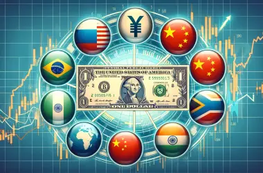 US dollar surrounded by BRICS nation currency symbols against financial chart background