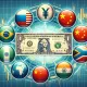 US dollar surrounded by BRICS nation currency symbols against financial chart background