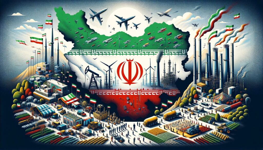 Iranian flag overlaid on map with economic symbols including oil rigs and factories