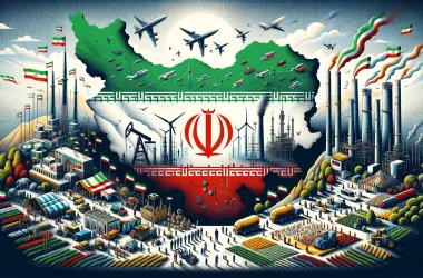 Iranian flag overlaid on map with economic symbols including oil rigs and factories