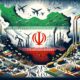 Iranian flag overlaid on map with economic symbols including oil rigs and factories