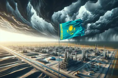 Kazakhstan oil field with national flag fluttering