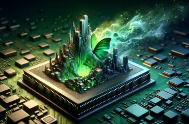 small computer chip transforming into a futuristic AI cityscape