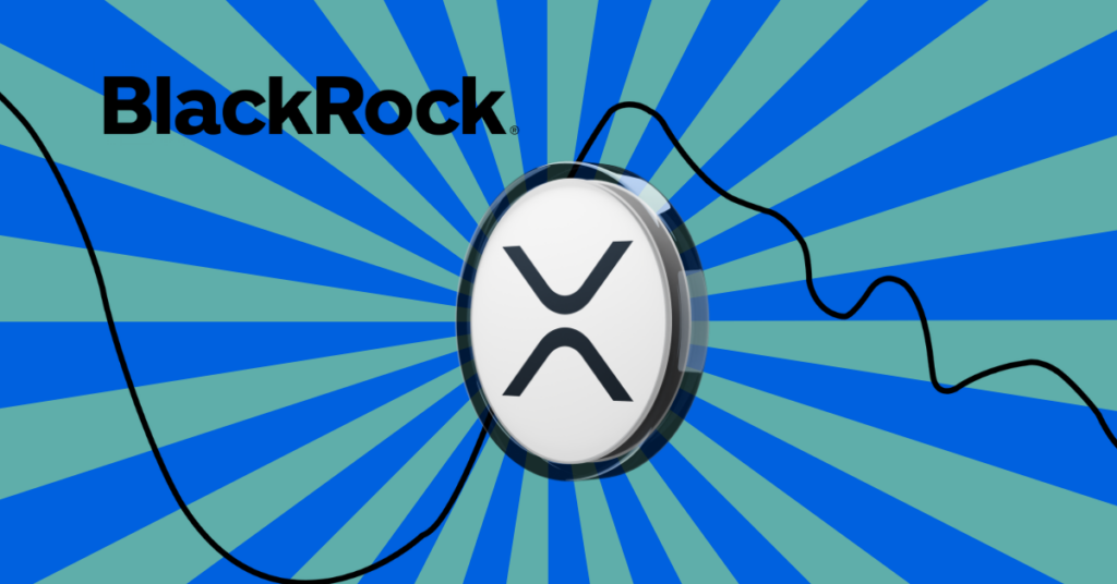 XRP token with Blackrock logo on a blue and green Sunburst -background