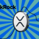 XRP token with BlackRock logo on blue and green sunburst background