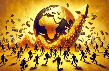 Golden globe with flowing gold and dollar bills depicting global financial shifts