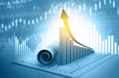 3D visualization of upward golden arrow with stock chart and financial data