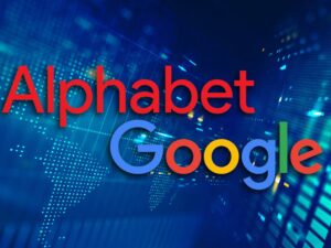 Alphabet and Google logos on blue digital background