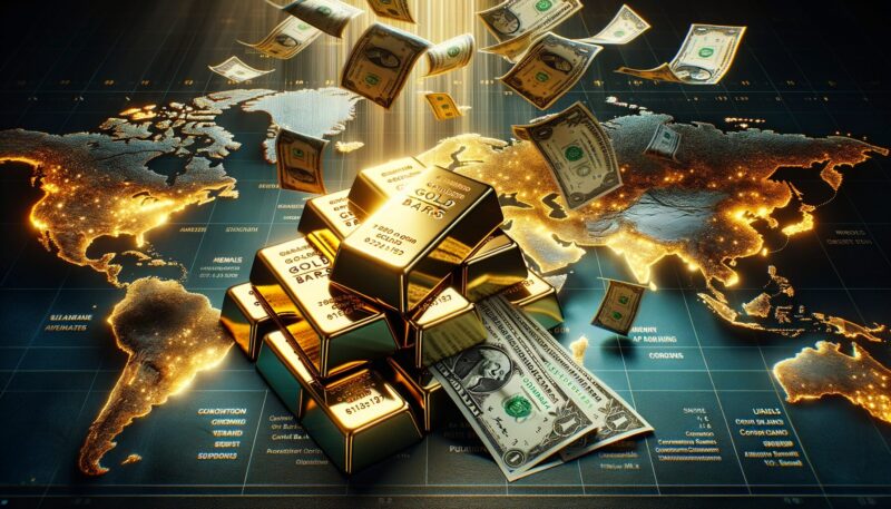 gold bars on world map with dollars