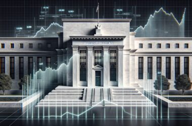 Federal Reserve building with economic chart overlay