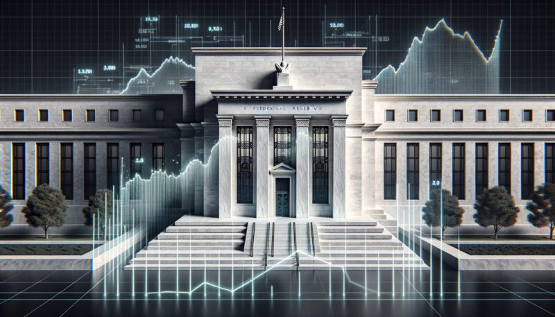 Federal Reserve building with economic chart overlay