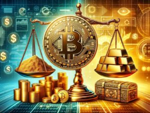 Bitcoin and gold on a balance scale showing comparative value