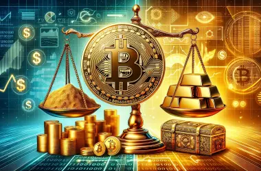 Bitcoin and gold on a balance scale showing comparative value