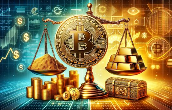 Bitcoin and gold on a balance scale showing comparative value