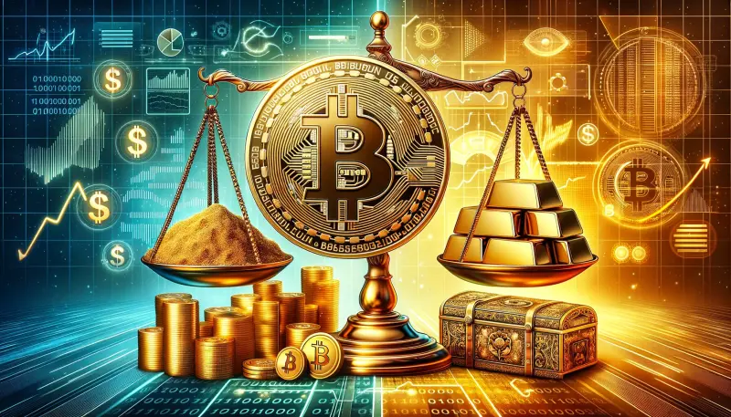 Bitcoin and gold on a balance scale showing comparative value