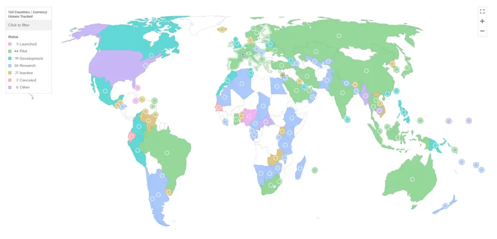 world map with CBDC projects