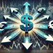 Dollar symbol with directional arrows pointing to euro and other currency symbols