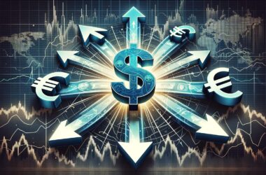 Dollar symbol with directional arrows pointing to euro and other currency symbols
