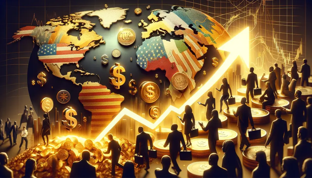 Digital globe with crypto symbols and investors surrounding it