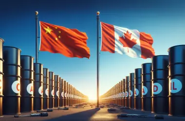 China and Canada Flags with Oil barrels