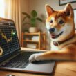 Shiba Inu dog looking at Bitcoin price chart on laptop