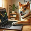 Shiba Inu dog looking at Bitcoin price chart on laptop