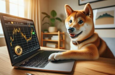 Shiba Inu dog looking at Bitcoin price chart on laptop